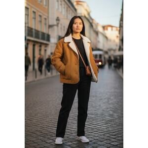 H&M Women’s Sherpa Lined‎ Button Front Jacket Coat Brown Tan Size M